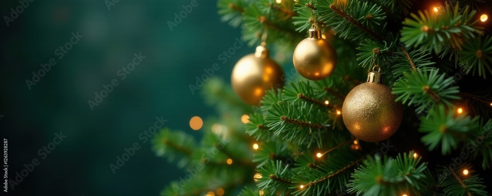 Evergreen tree with golden ornaments and lights, Festive Atmosphere, Christmas Tree Decorating Evergreen tree with golden ornaments and lights, Festive Atmosphere, Christmas Tree Decorating