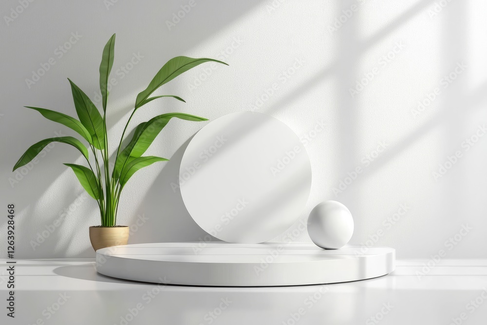 Minimalist Composition with Circular Forms, White Surface, Green Plant, and Natural Light Creating a Peaceful Atmosphere for Modern Interior Design Minimalist Composition with Circular Forms, White Surface, Green Plant, and Natural Light Creating a Peaceful Atmosphere for Modern Interior Design