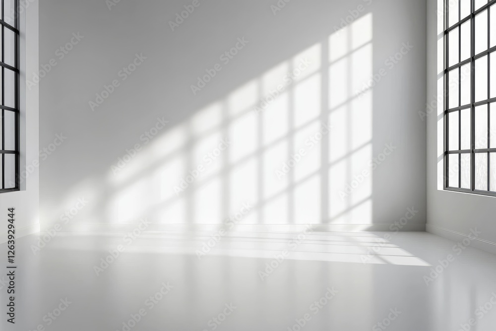 Bright and Minimalist Interior Space with Natural Light and Shadow Play from Large Windows on White Walls and Floor in Contemporary Architecture Bright and Minimalist Interior Space with Natural Light and Shadow Play from Large Windows on White Walls and Floor in Contemporary Architecture