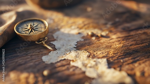 Antique compass on aged map, wood background. Adventure concept