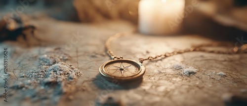 Antique compass on map, candlelight, adventure