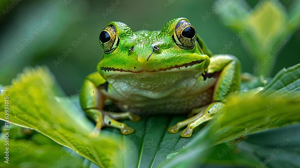 Green Tree Frog on Leaf: A vibrant green tree frog perches on a lush green leaf, its large, captivating eyes staring directly at the camera. Green Tree Frog on Leaf: A vibrant green tree frog perches on a lush green leaf, its large, captivating eyes staring directly at the camera.