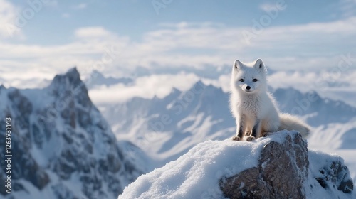 Arctic fox perched on snowy mountain peak, majestic landscape