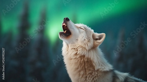 Arctic wolf howling, aurora borealis background. Nature photography for wildlife websites
