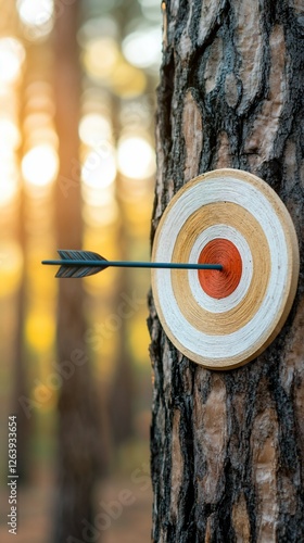 Arrow hitting target on tree, sunset forest