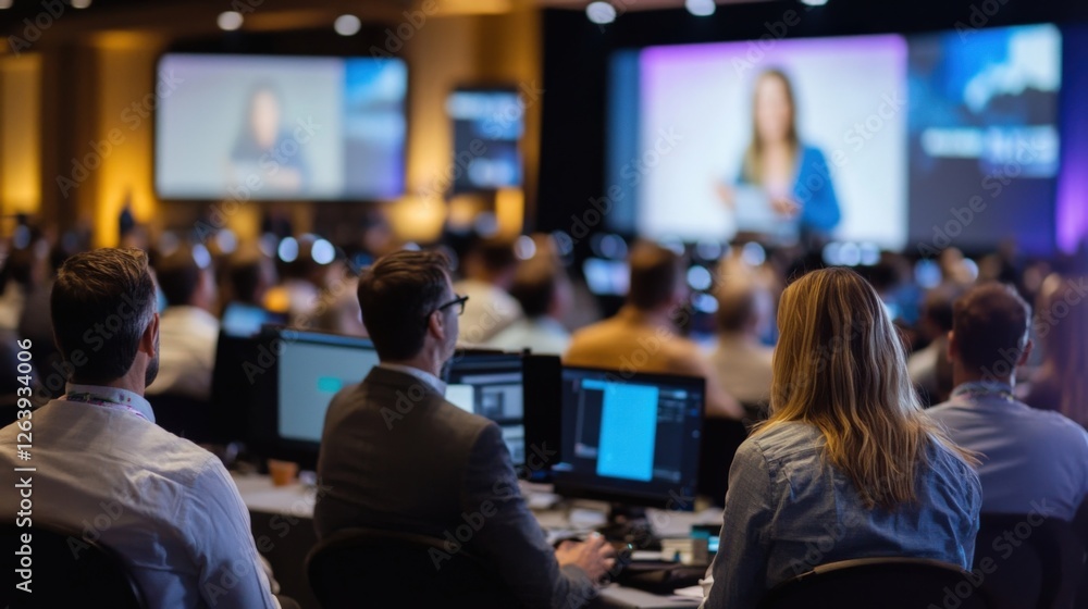 Audience attentively watching a speaker at a filmmaking conference, focusing on digital screens and presentations. The atmosphere is professional and collaborative, emphasizing industry engagement
