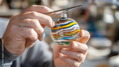 Artisan crafting glass ornament; workshop background