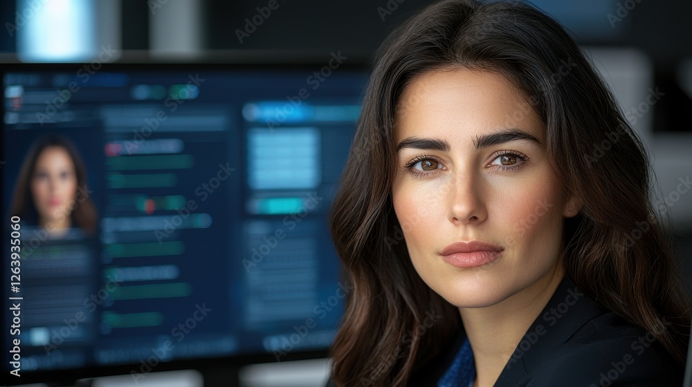Fototapeta premium Confident and composed European business woman in formal attire sitting upright in front of a computer monitor deeply engaged in data analysis or software development