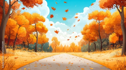 Autumn road, falling leaves, forest path, sunny day, fall background, idyllic scene