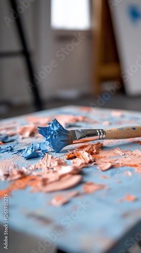 Artist's paintbrush and palette, studio background