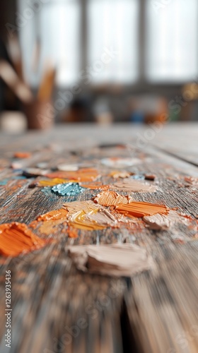 Artist's palette with oil paints, studio background