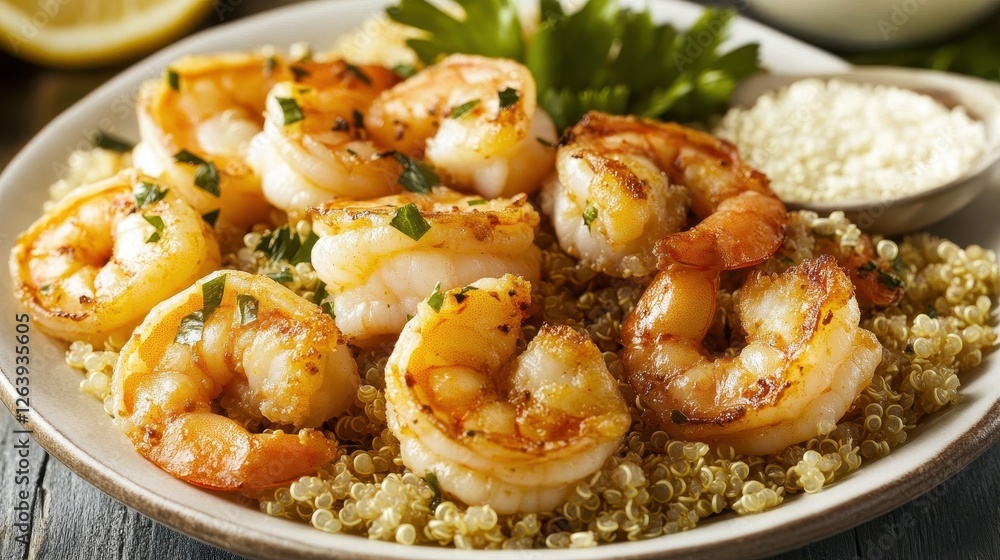 Grilled Shrimp on Quinoa with Fresh Herbs and Lemon Garnish Grilled Shrimp on Quinoa with Fresh Herbs and Lemon Garnish