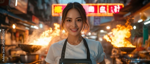 Asian woman smiles at night market; fire, food stalls