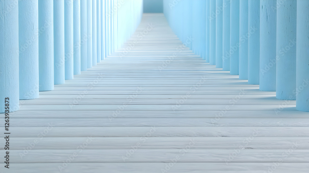 Fototapeta premium Blue column path, wooden floor, light perspective, peaceful background, design concept