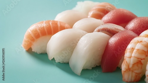 Assorted Sushi Platter on Teal Background