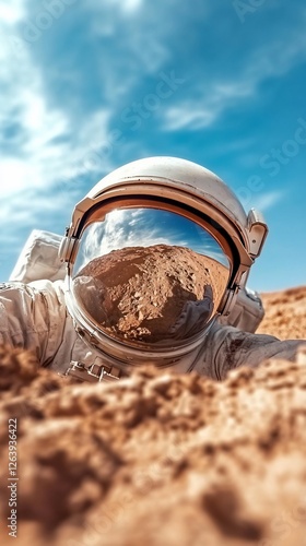 Astronaut exploring Martian landscape, selfie