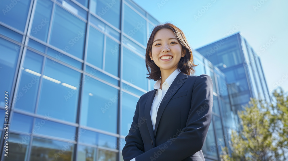 新入社員の未来への第一歩 オフィスビルの前で輝く笑顔 新入社員の未来への第一歩 オフィスビルの前で輝く笑顔