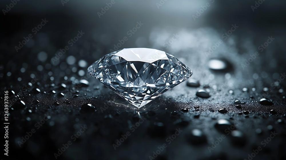 Gleaming gemstone, Pristine diamond on reflective droplet laden surface Gleaming gemstone, Pristine diamond on reflective droplet laden surface
