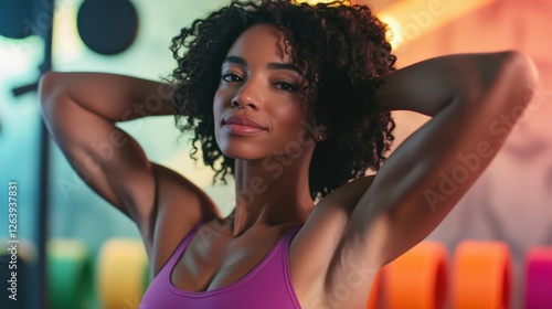 Strong female athlete flexing her biceps with her hands behind her head, showing off her muscular physique after an intense workout session in a colorful gym environment