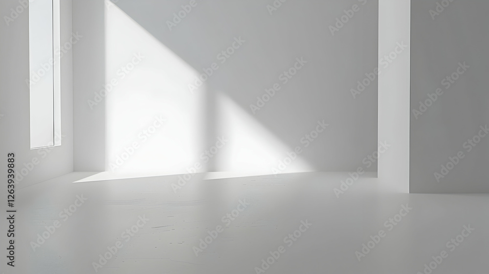 Bright, minimalist interior of an empty room with natural light casting shadows on walls Bright, minimalist interior of an empty room with natural light casting shadows on walls
