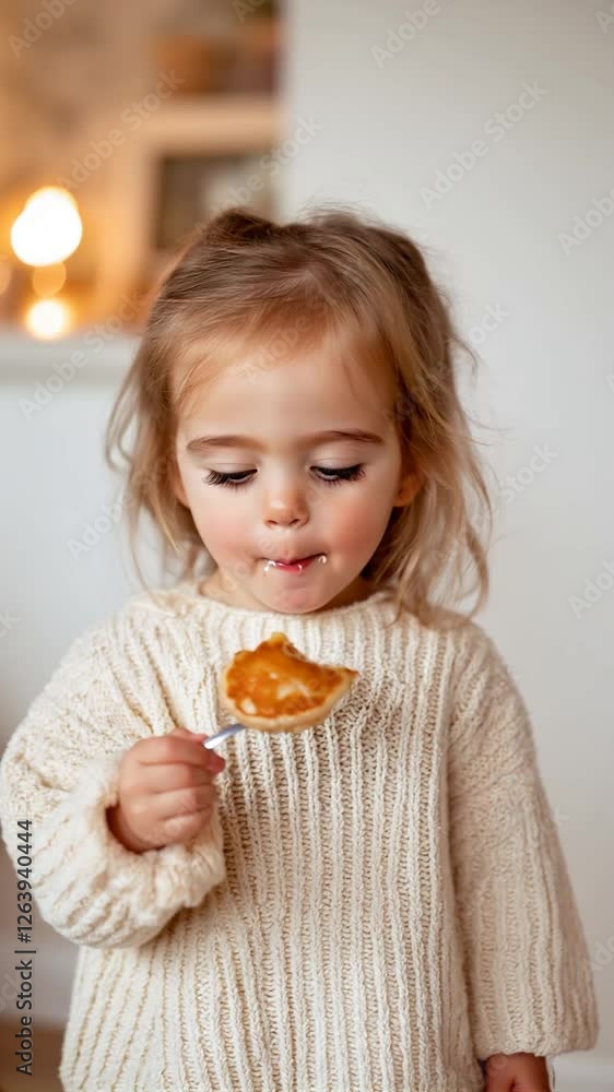 Girl eating pancakes in modern kitchen
Girl eating pancakes in modern kitchen
