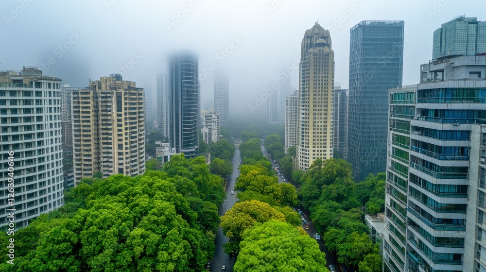 Fototapeta premium Misty Cityscape with High-rise Buildings and Lush Greenery