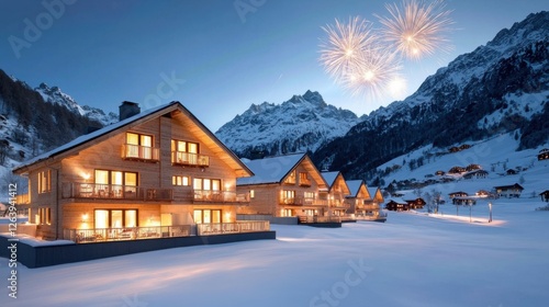 Magical winter village scene with glowing log cabins snow capped mountains and a festive fireworks display lighting up the night sky  Cozy and enchanting winter wonderland
