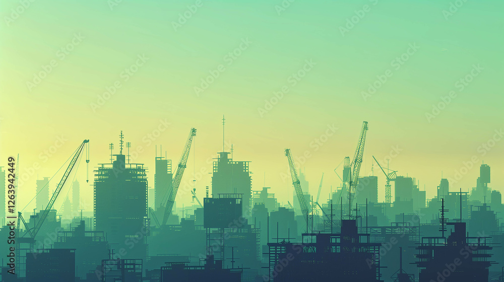Fototapeta premium Silhouette of a city skyline under construction with cranes and buildings at sunrise