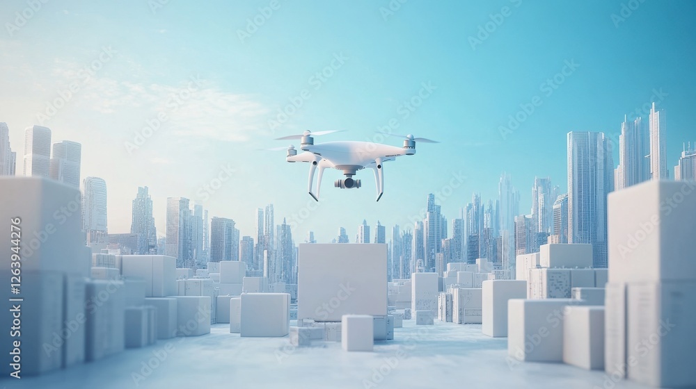 A futuristic air freight logistics system with drone cargo delivery on a sci-fi blue background A futuristic air freight logistics system with drone cargo delivery on a sci-fi blue background
