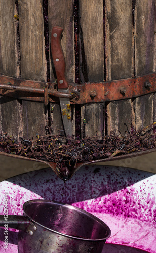 Wine making. Technology of wine production in Moldova. The ancient folk tradition of grape processing. The squeezer is used to press the wine. photo