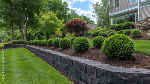 Landscaped Garden with Retaining Wall and Lush Greenery