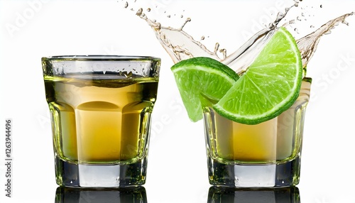 Glasses shot of tequila making toast with splash isolated on trasparent or white background, photo