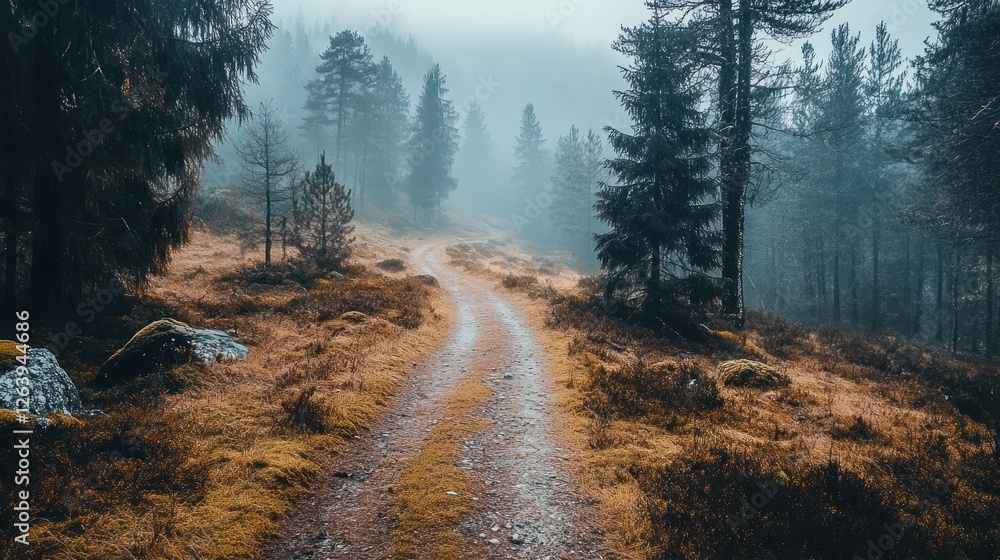 Fototapeta premium Misty Forest Path: A Serene Autumn Walk