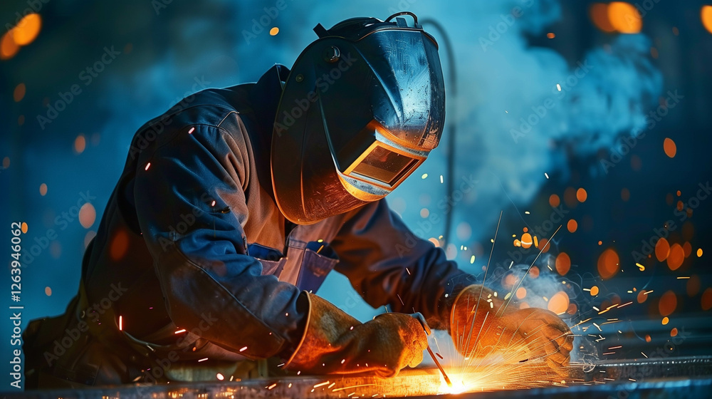 Industrial welder in protective gear working with bright sparks and smoke in a workshop Industrial welder in protective gear working with bright sparks and smoke in a workshop