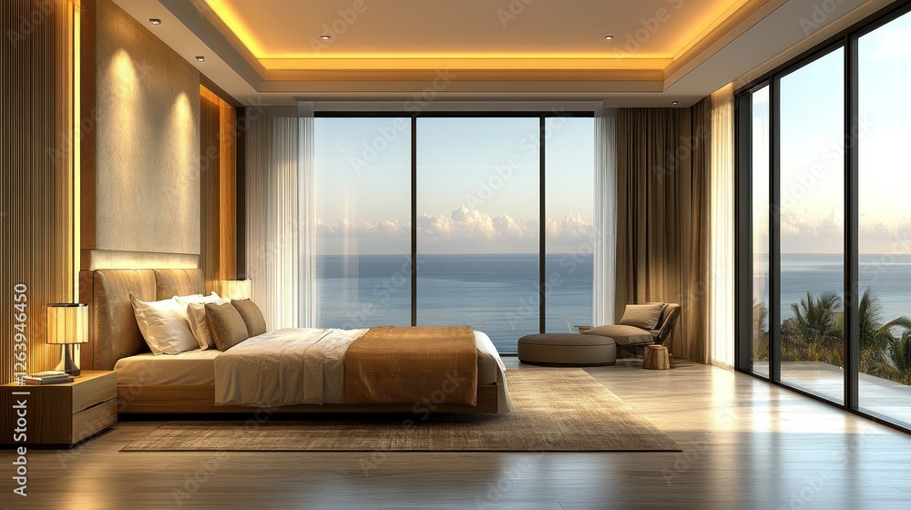 Fototapeta premium Luxurious oceanfront bedroom interior design