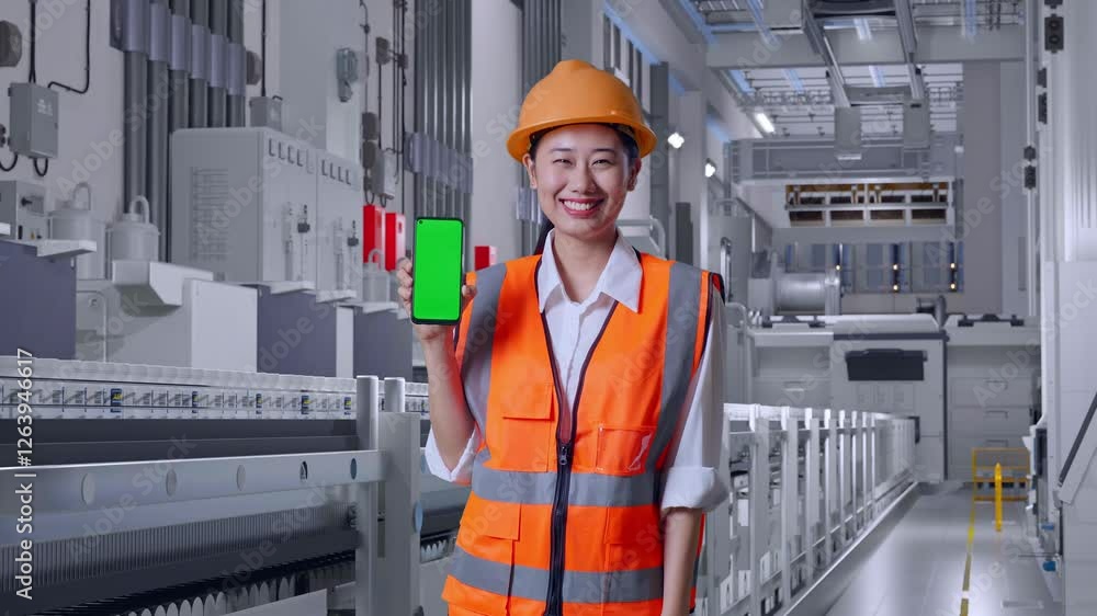Asian Female Engineer With Safety Helmet Smiling And Showing Green Screen Smartphone To The Camera At Pharmaceutical Factory, Vaccine Production Facility Asian Female Engineer With Safety Helmet Smiling And Showing Green Screen Smartphone To The Camera At Pharmaceutical Factory, Vaccine Production Facility