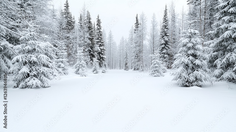 Naklejka premium Snowy forest path, winter wonderland scene, tranquil background, ideal for winter holiday cards
