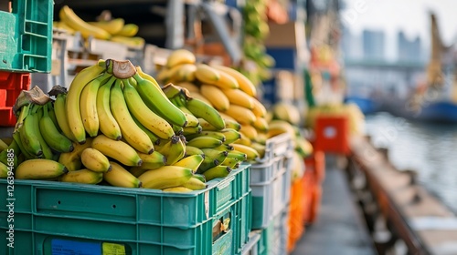 Banana shipment at harbor, sunset view. Food import