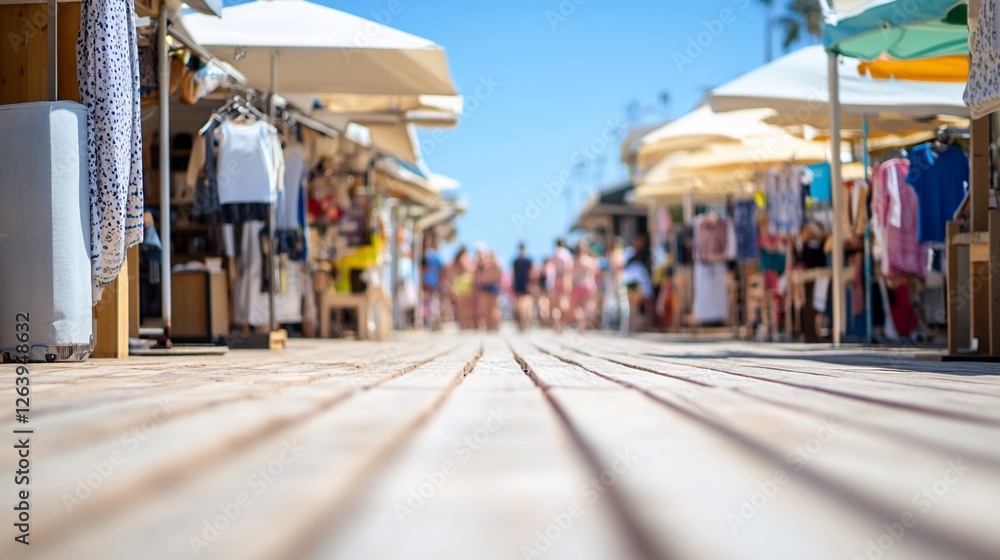 Obraz premium Beach boardwalk shops summer crowd