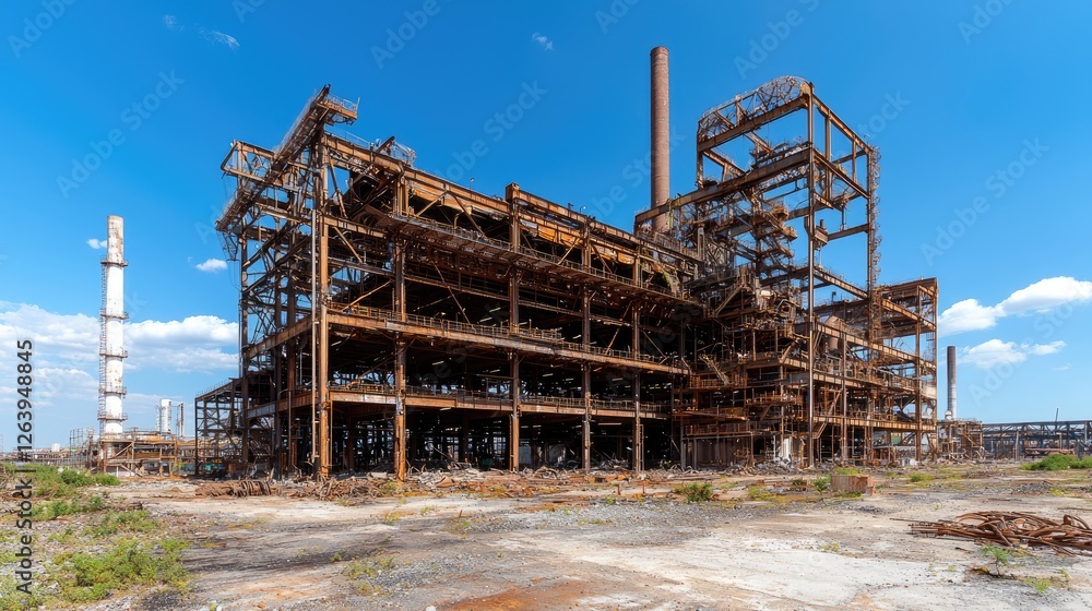 Naklejka premium Rusty factory ruins under blue sky; industrial decay