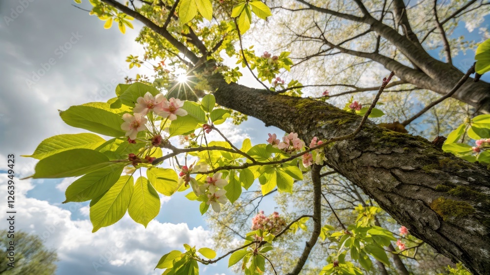 Fototapeta premium Captivating Spring Trees: Natureâ€™s Revival with Blossoming Buds, Fresh Green Leaves, and Vibrant Floral Colors in a Serene Landscape