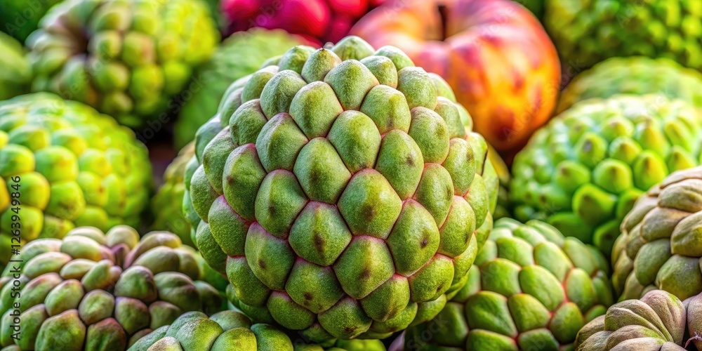 Cherimoya Sugar Apple Egypt: Top View, Exotic Fruit Texture, Tilt-Shift Photography Cherimoya Sugar Apple Egypt: Top View, Exotic Fruit Texture, Tilt-Shift Photography