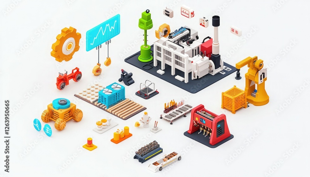 Obraz premium A colorful arrangement of miniature factory components and vehicles, depicting a playful representation of industrial design and manufacturing processes.
