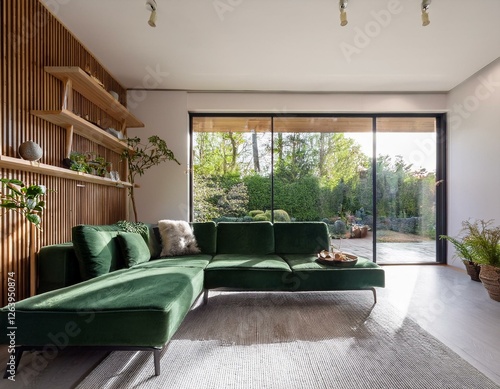 salon avec grand canapé vert, moderne et cosy, lieu de détente dans la maison en ia et grand baie vitrée