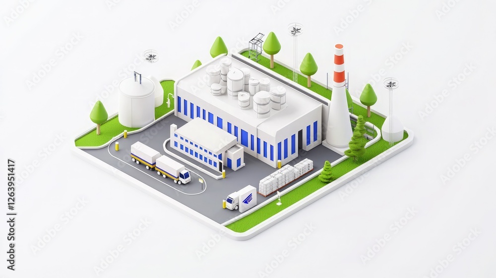 Obraz premium A stylized industrial facility with storage tanks, a smokestack, trucks, and greenery, representing modern manufacturing or energy production.