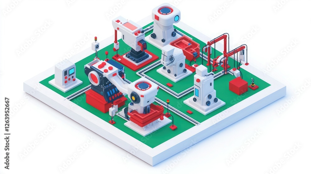 Fototapeta premium A colorful, isometric illustration of a robotic assembly line featuring various machinery and components on a green base.