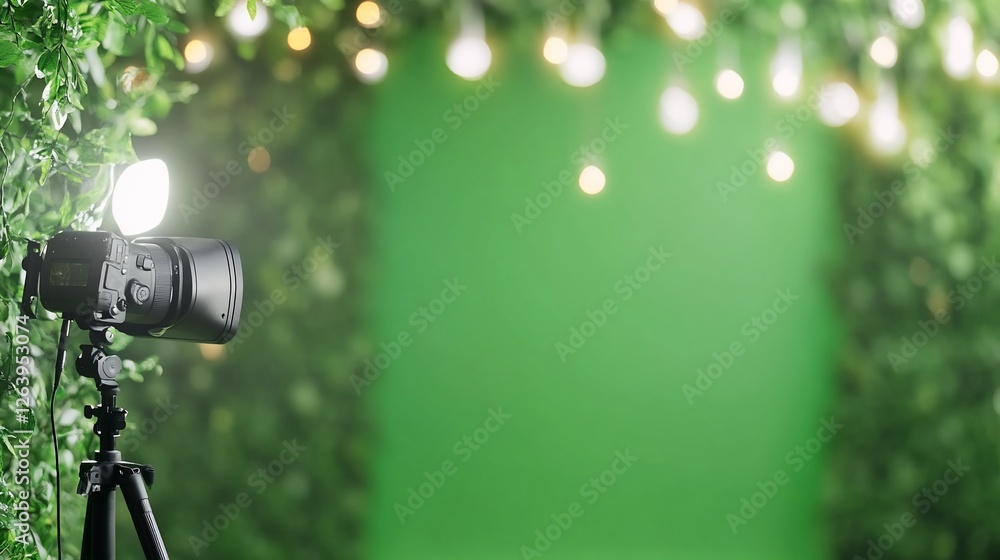 Camera setup, green screen, foliage backdrop, lights Camera setup, green screen, foliage backdrop, lights