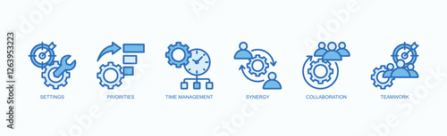 Productivity And Team Management Icons Icon Set Isolated Vector Illustration Concept With Icon Of Settings, Priorities, Time Management, Synergy, Collaboration, Teamwork In Blue Style