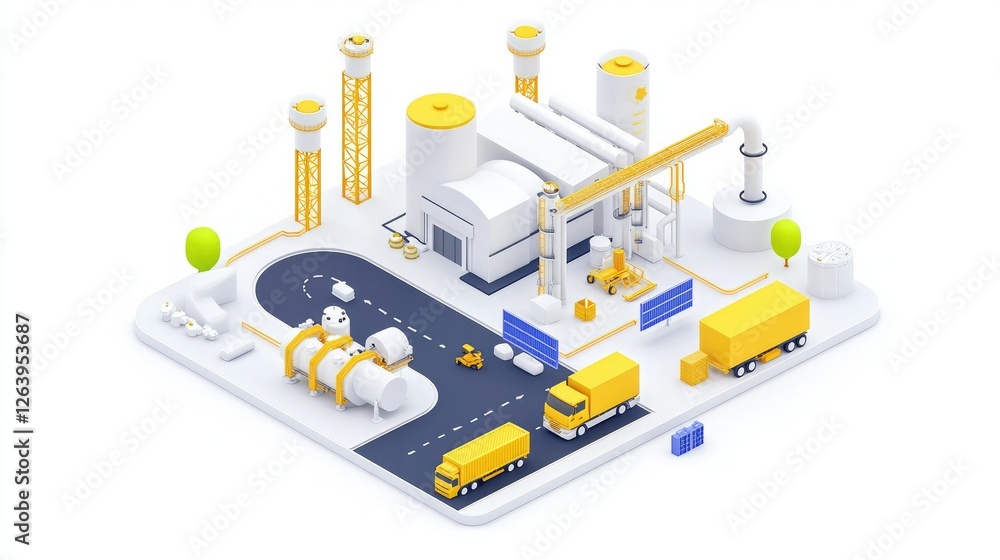A colorful isometric illustration of an industrial site featuring factories, trucks, and cranes, showcasing a vibrant manufacturing environment. A colorful isometric illustration of an industrial site featuring factories, trucks, and cranes, showcasing a vibrant manufacturing environment.
