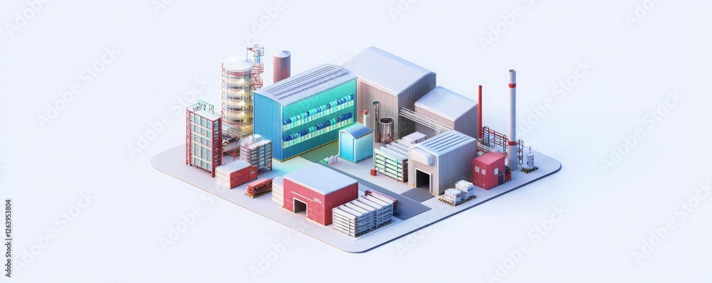Fototapeta premium A colorful, miniature industrial complex featuring various buildings, storage areas, and smokestacks, representing modern manufacturing and production processes.